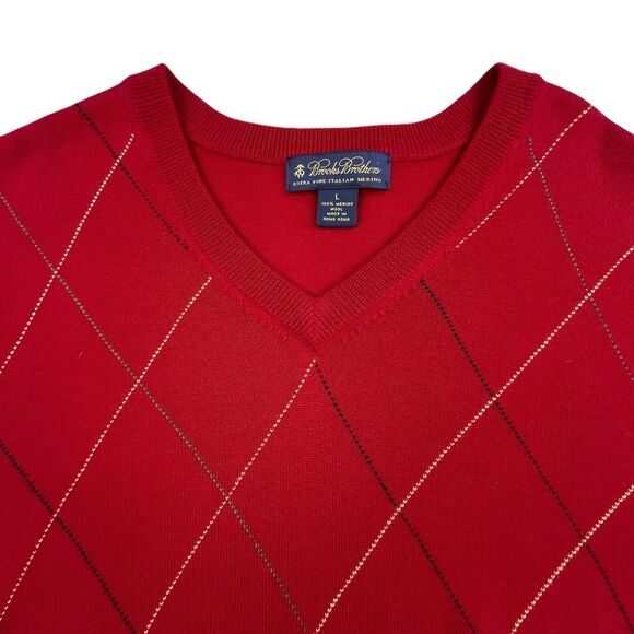 Brooks Brothers Sweater Large Extra Fine Italian Merino Wool Argyle Red Flaw* - Picture 1 of 10
